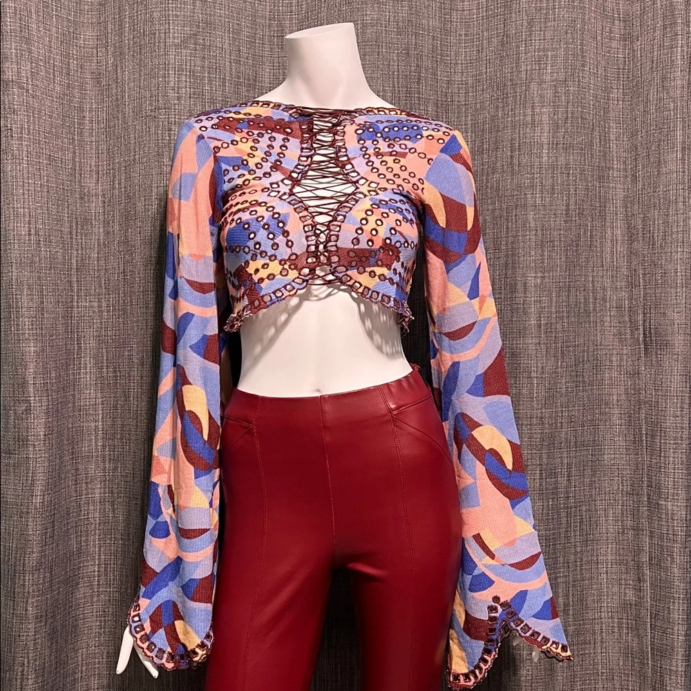 NWT Free People Eyes On You Lace Up Top Pacific Combo RARE TRIM COLOR XS